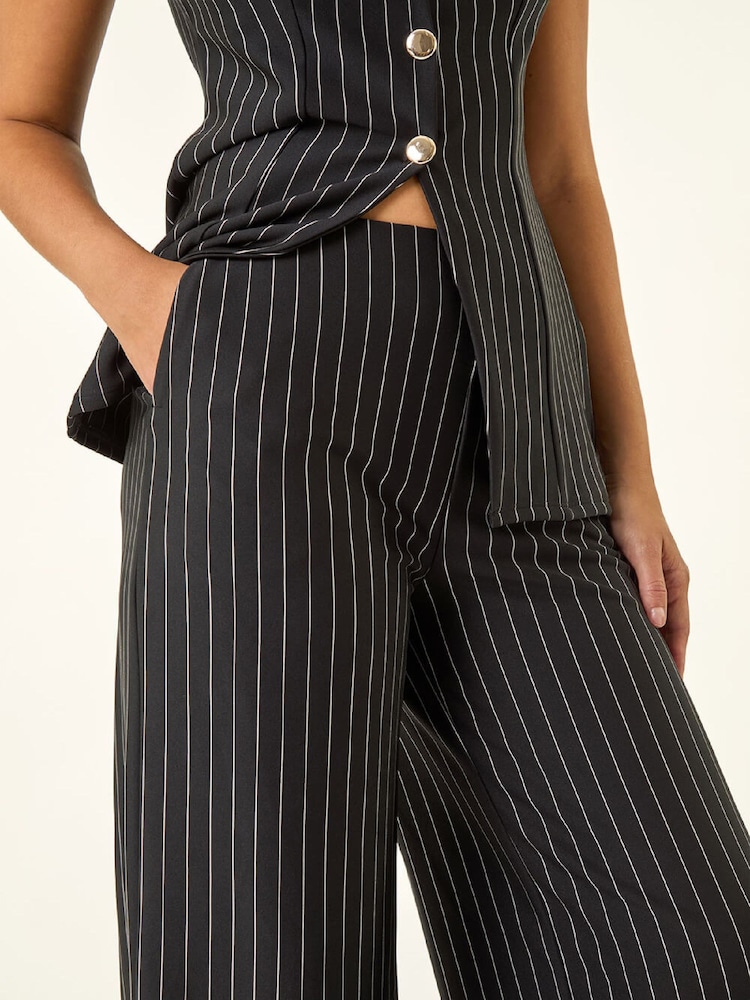 Roman Black Pinstripe Wide Leg Stretch Trousers - Image 5 of 5 Roman Black Pinstripe Wide Leg Stretch Trousers - Image 5 of 5