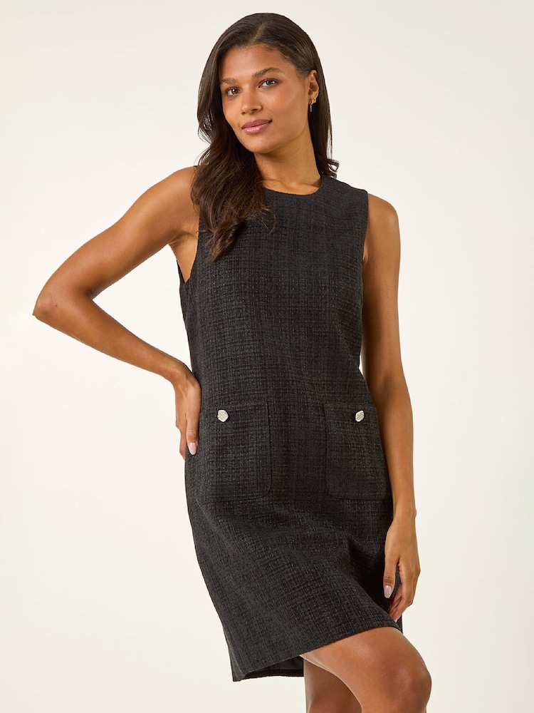 Roman Black Textured Pinafore Pocket Dress - Image 2 of 5 Roman Black Textured Pinafore Pocket Dress - Image 2 of 5
