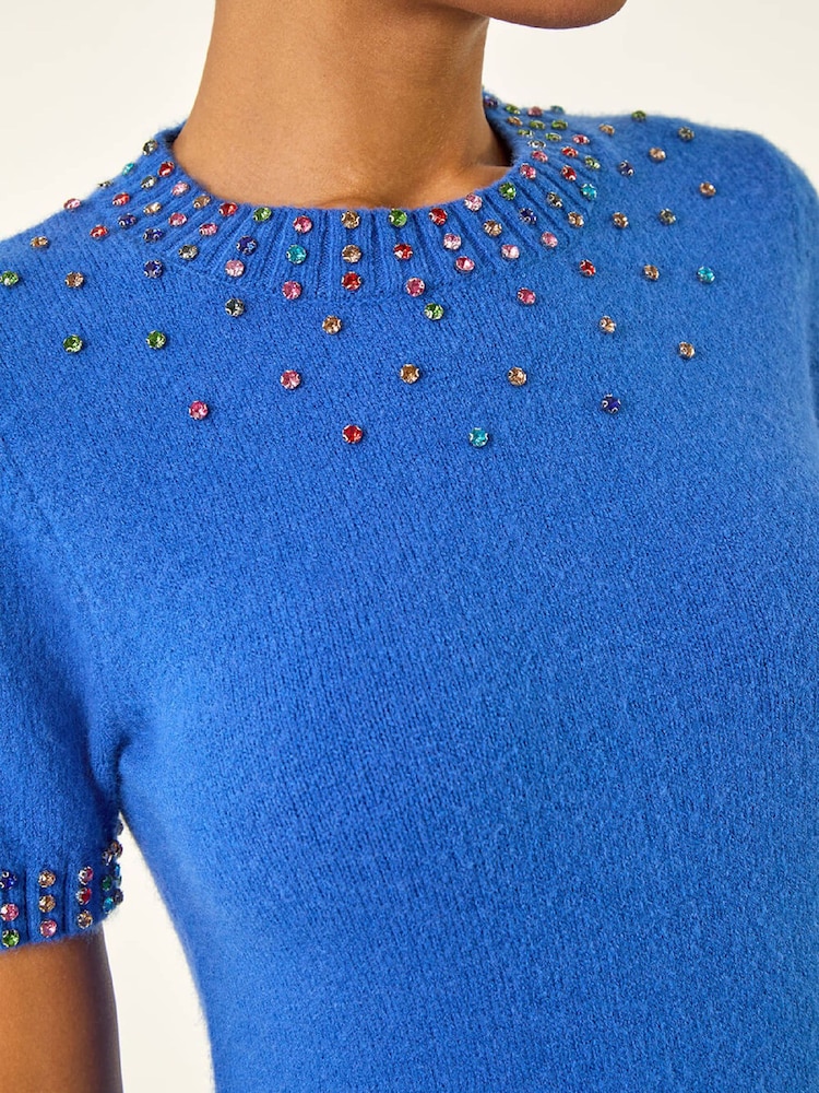 Roman Blue Embellished Neck Knitted Jumper - Image 5 of 5 Roman Blue Embellished Neck Knitted Jumper - Image 5 of 5