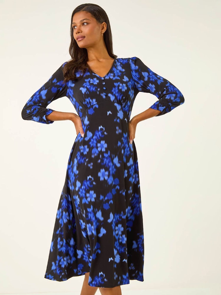 Roman Black Floral Print Buttoned Midi Dress - Image 1 of 5 Roman Black Floral Print Buttoned Midi Dress - Image 1 of 5