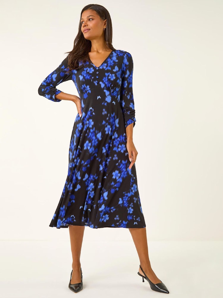 Roman Black Floral Print Buttoned Midi Dress - Image 2 of 5 Roman Black Floral Print Buttoned Midi Dress - Image 2 of 5