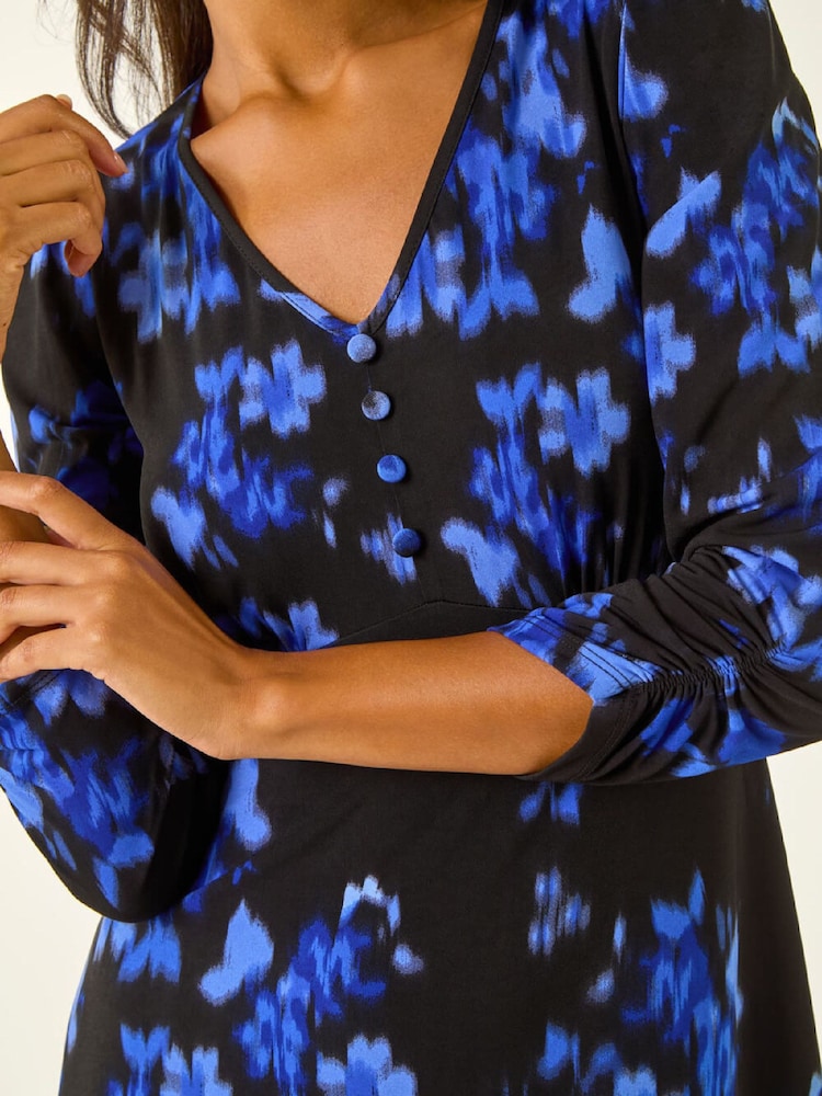 Roman Black Floral Print Buttoned Midi Dress - Image 5 of 5 Roman Black Floral Print Buttoned Midi Dress - Image 5 of 5