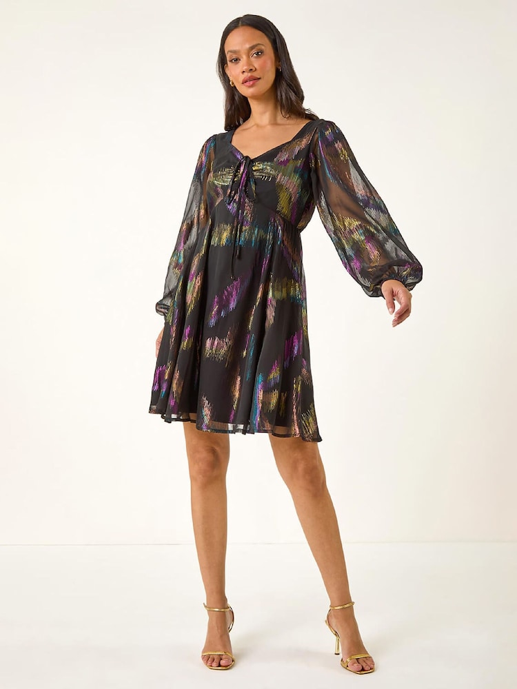 Roman Black Foil Print Tie Dress - Image 2 of 5 Roman Black Foil Print Tie Dress - Image 2 of 5