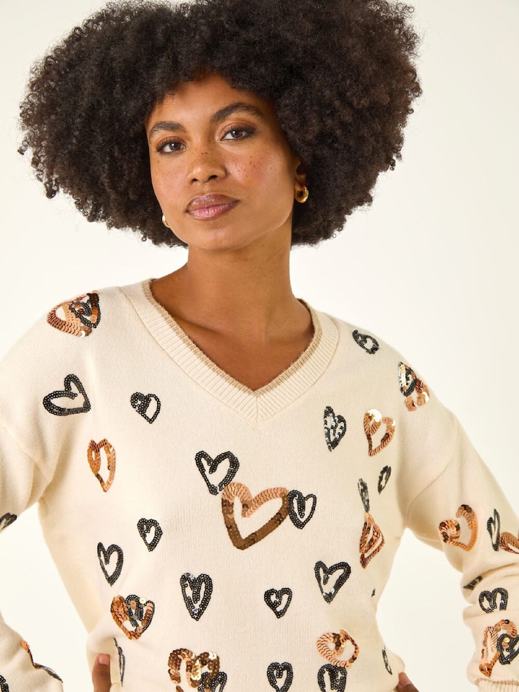 Roman White Scattered Heart V-Neck Knit Jumper - Image 1 of 5 Roman White Scattered Heart V-Neck Knit Jumper - Image 1 of 5