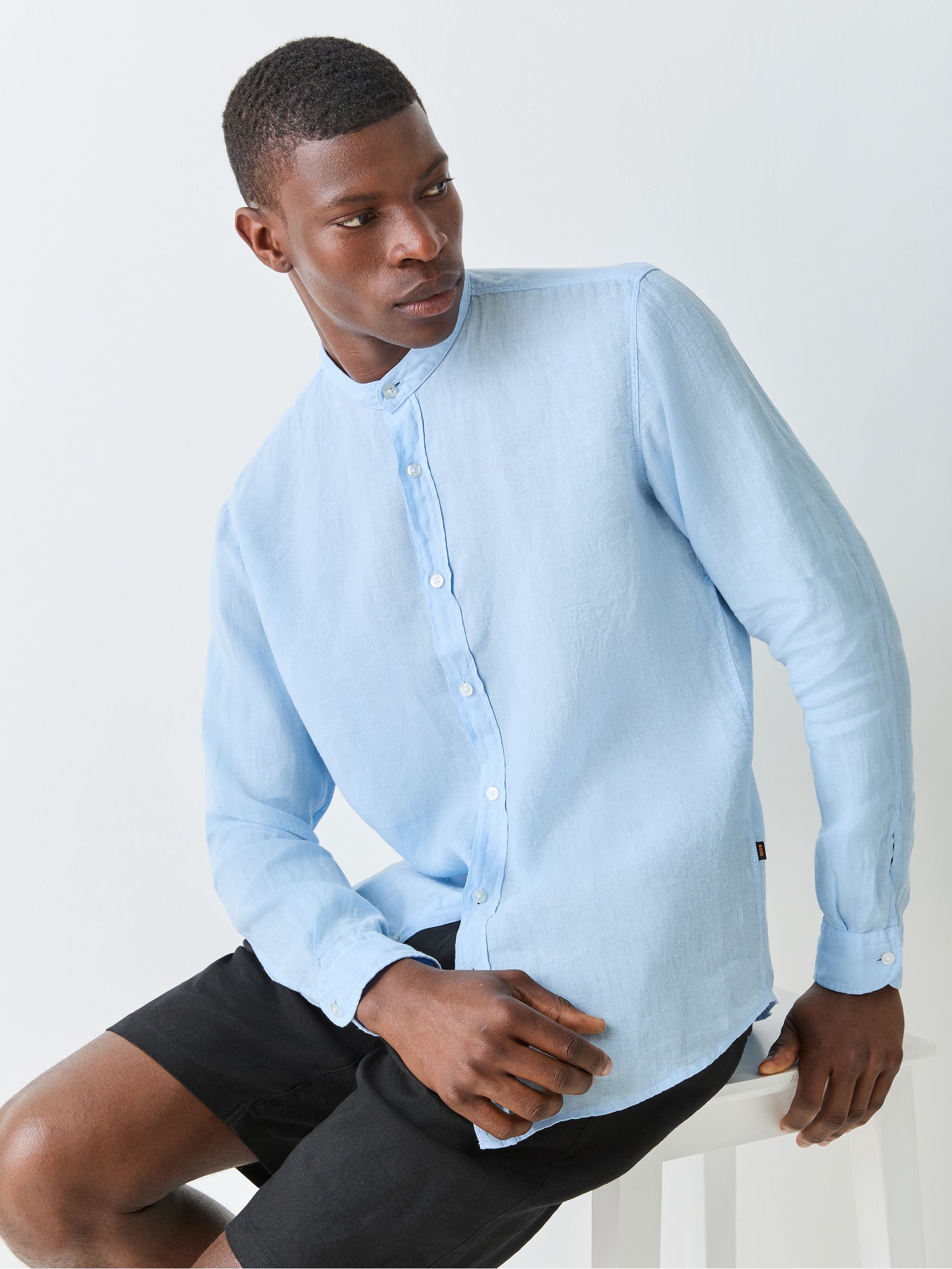Buy BOSS Sky Blue Rash Logo Long Sleeve 100% Linen Shirt from Next