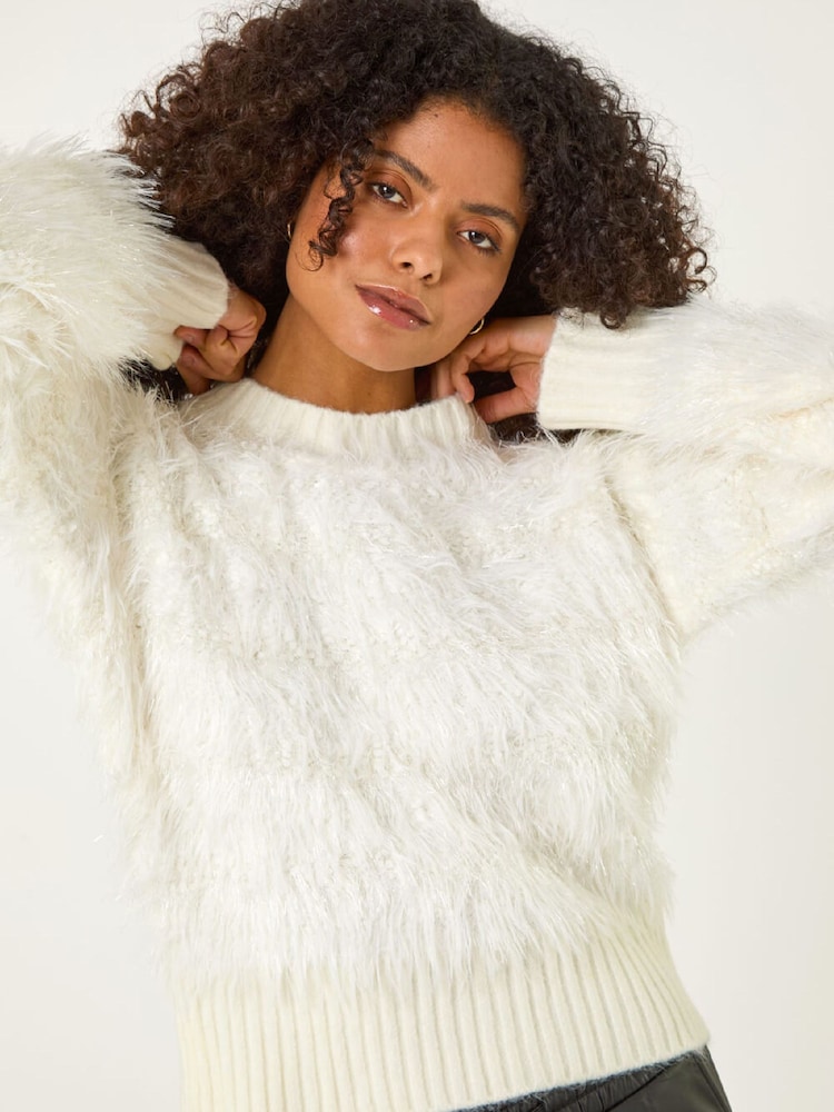 Roman White Fluffy Knit Jumper - Image 1 of 5 Roman White Fluffy Knit Jumper - Image 1 of 5
