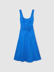 Reiss Blue Irina Cotton Belted Midi Dress with Stretch - Image 2 of 6