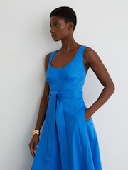 Reiss Blue Irina Cotton Belted Midi Dress with Stretch - Image 3 of 6