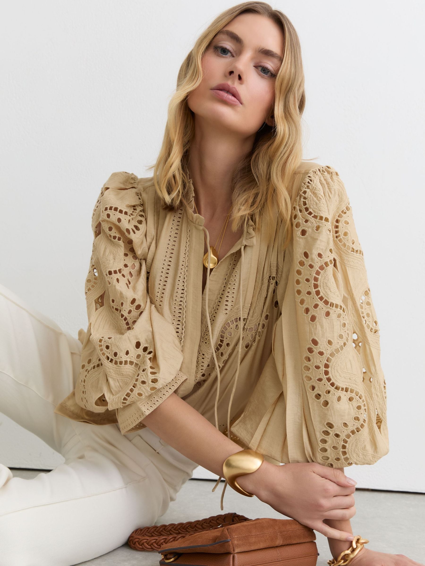 Reiss Neutral Broderie Anglaise Tie-neck Blouse
