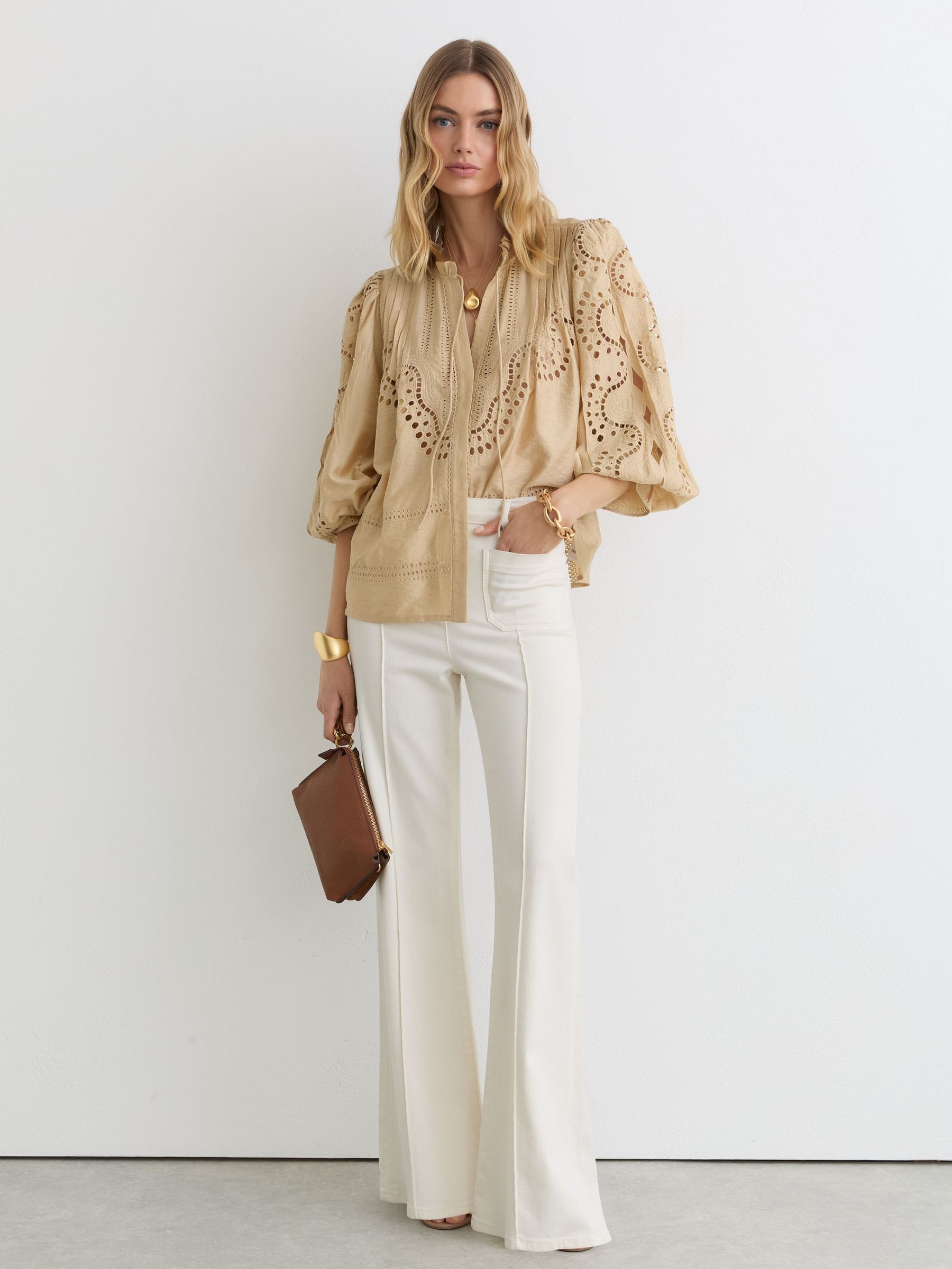 Buy Reiss Neutral Rhiannon Broderie Anglaise Tie-Neck Blouse from