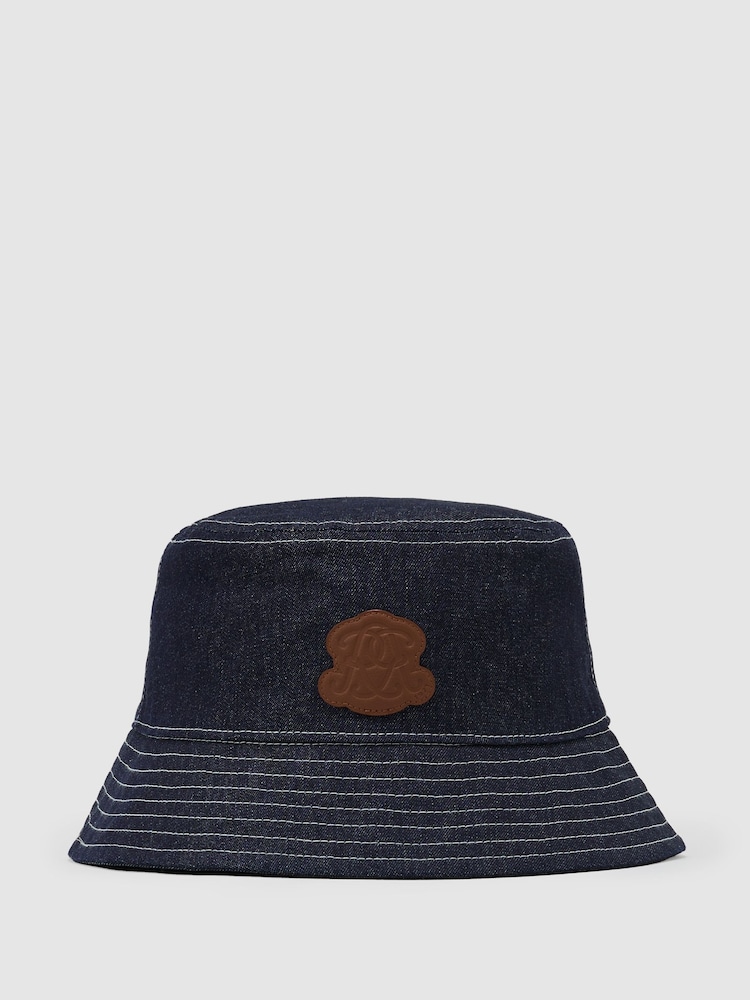 Reiss Mid Blue Sulby Monogram-Patch Denim Bucket Hat - Image 1 of 4 Reiss Mid Blue Sulby Monogram-Patch Denim Bucket Hat - Image 1 of 4