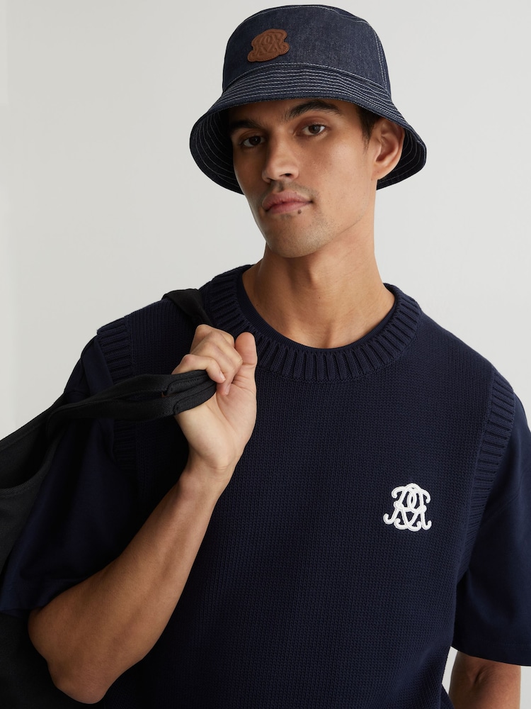 Reiss Mid Blue Sulby Monogram-Patch Denim Bucket Hat - Image 2 of 4 Reiss Mid Blue Sulby Monogram-Patch Denim Bucket Hat - Image 2 of 4