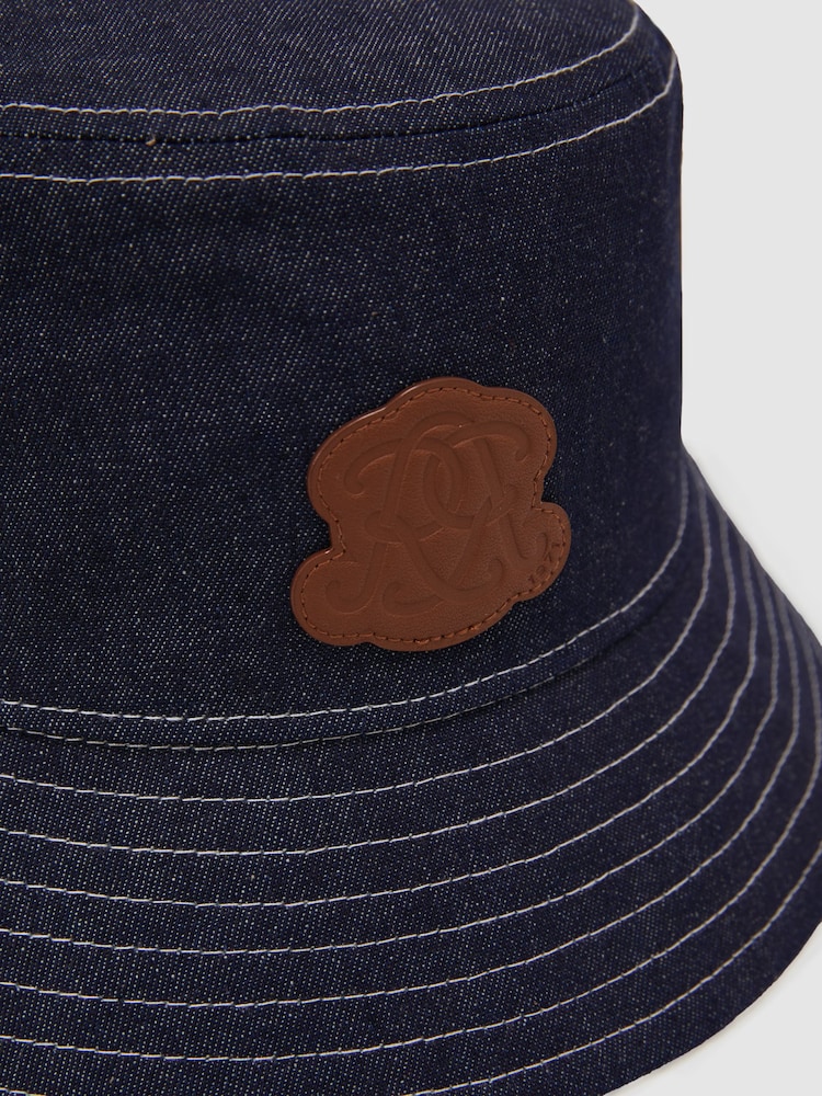 Reiss Mid Blue Sulby Monogram-Patch Denim Bucket Hat - Image 4 of 4 Reiss Mid Blue Sulby Monogram-Patch Denim Bucket Hat - Image 4 of 4