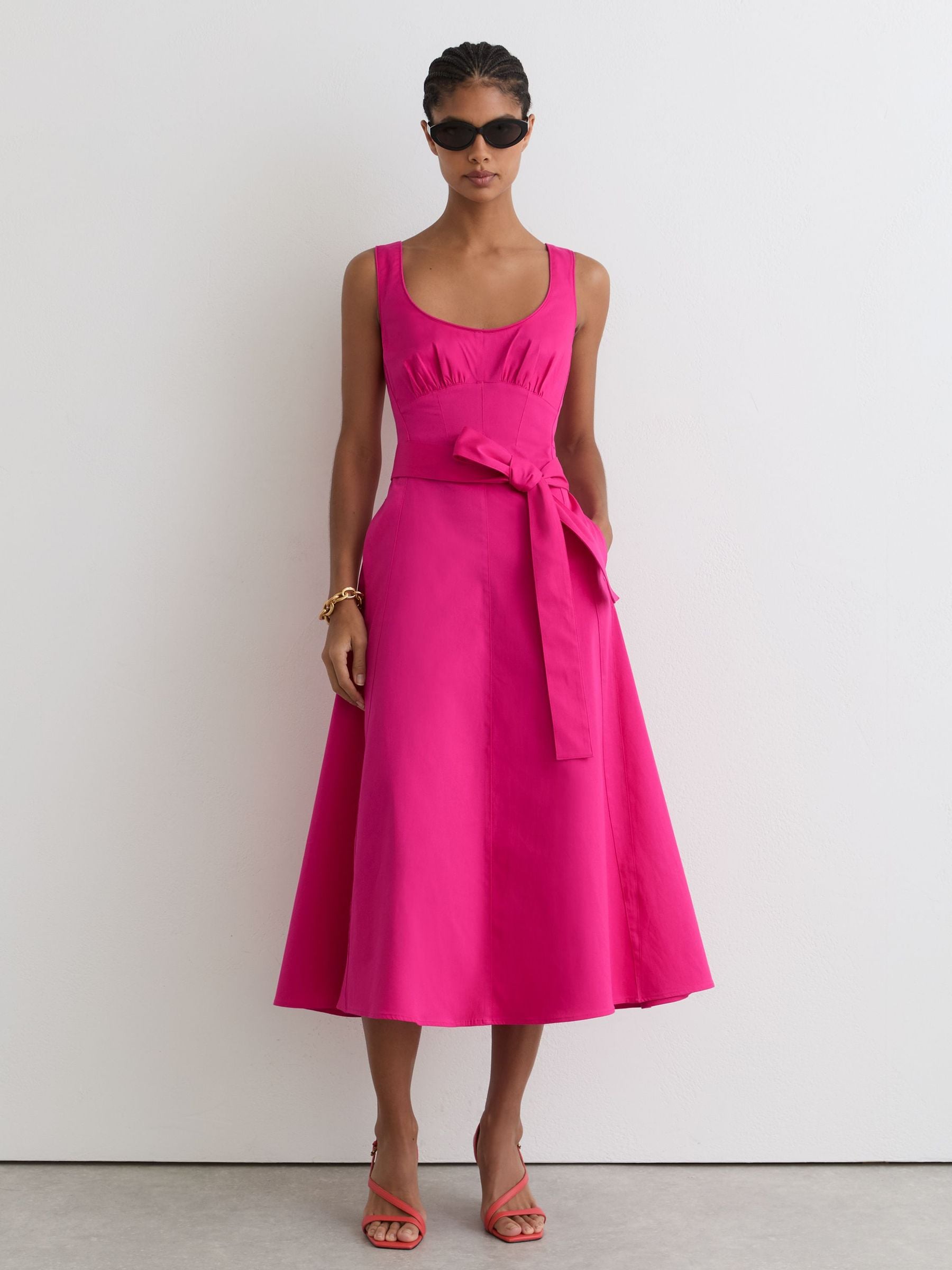 Buy Reiss Pink Irina Cotton Belted Midi Dress with Stretch from