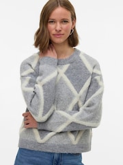 VERO MODA Grey Argyle Long Sleeve Knitted Jumper - Image 1 of 5