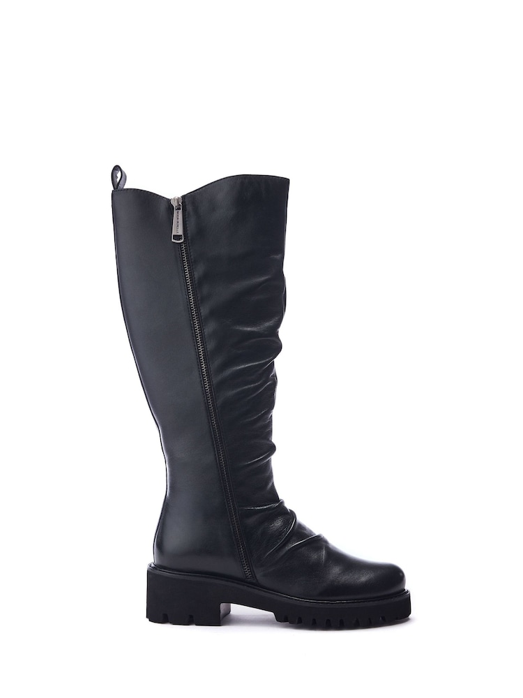 Moda in Pelle Black Chrome Riez Ruched Angular Zip Long Boots - Image 1 of 4 Moda in Pelle Black Chrome Riez Ruched Angular Zip Long Boots - Image 1 of 4