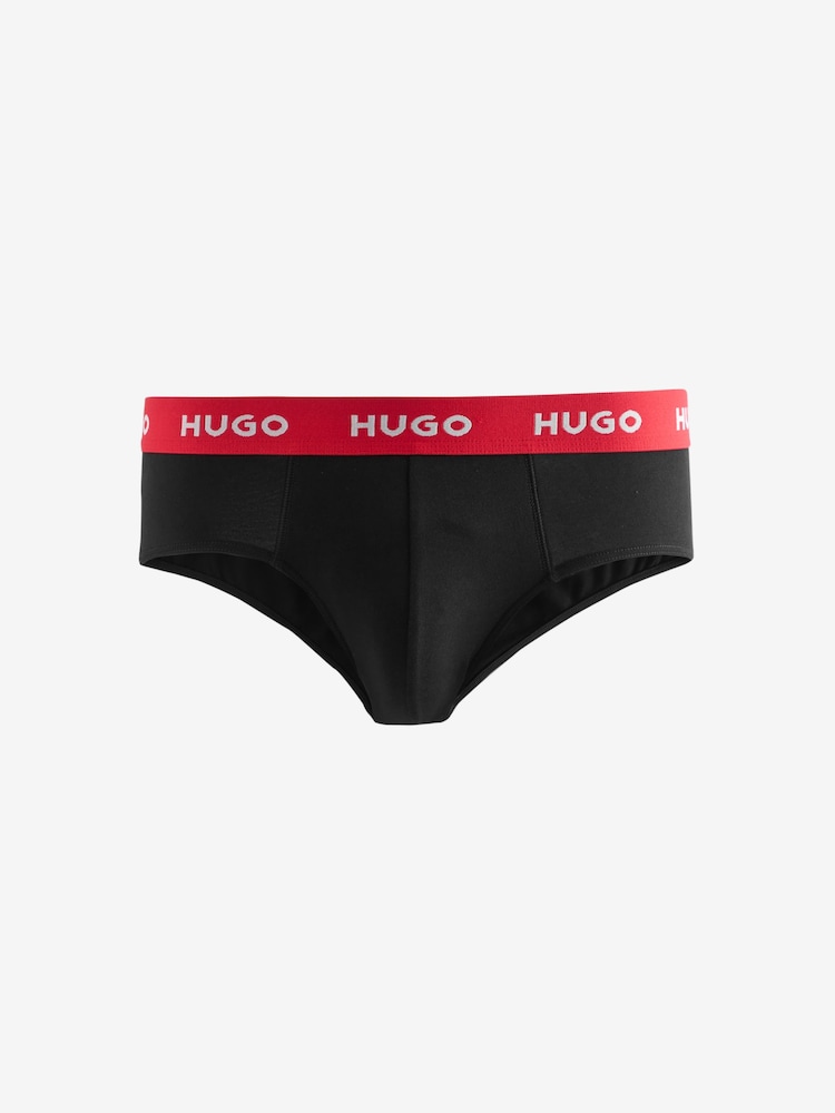 HUGO Black Stretch Cotton Hipster Briefs 3 Pack - Image 4 of 4