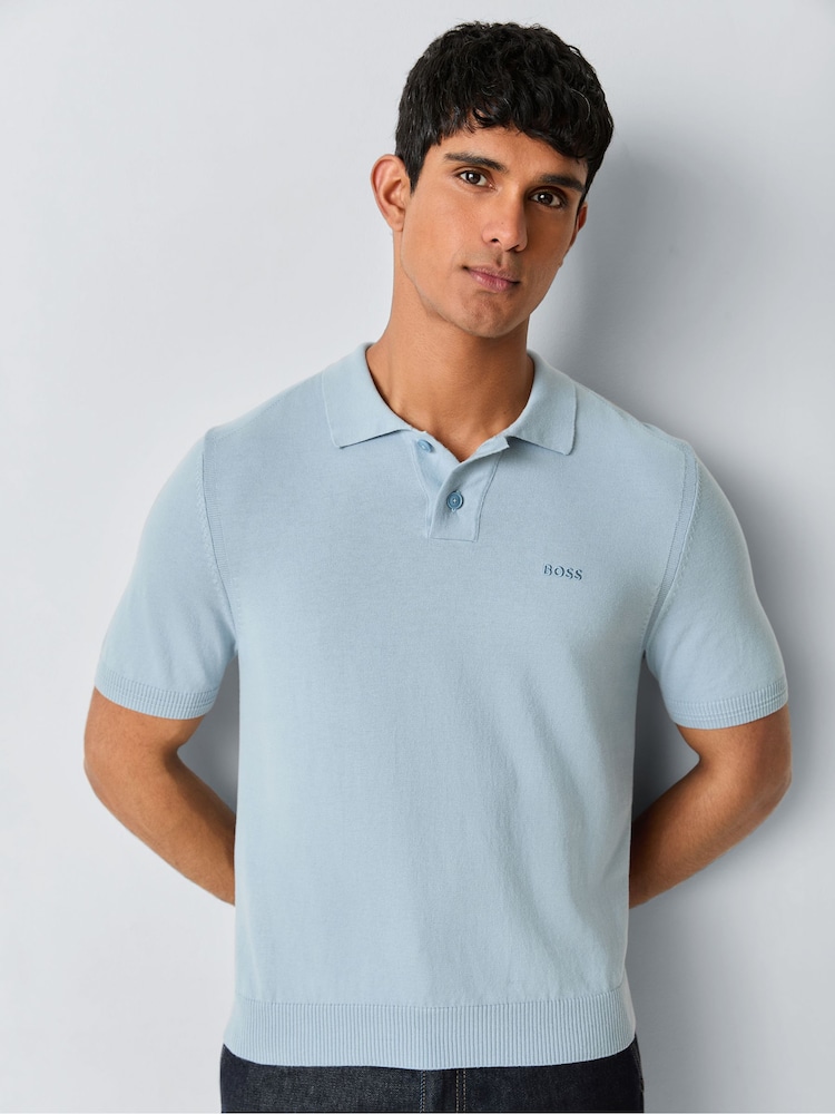 BOSS Light Blue Asac Knitted Polo Shirt - Image 1 of 6 BOSS Light Blue Asac Knitted Polo Shirt - Image 1 of 6