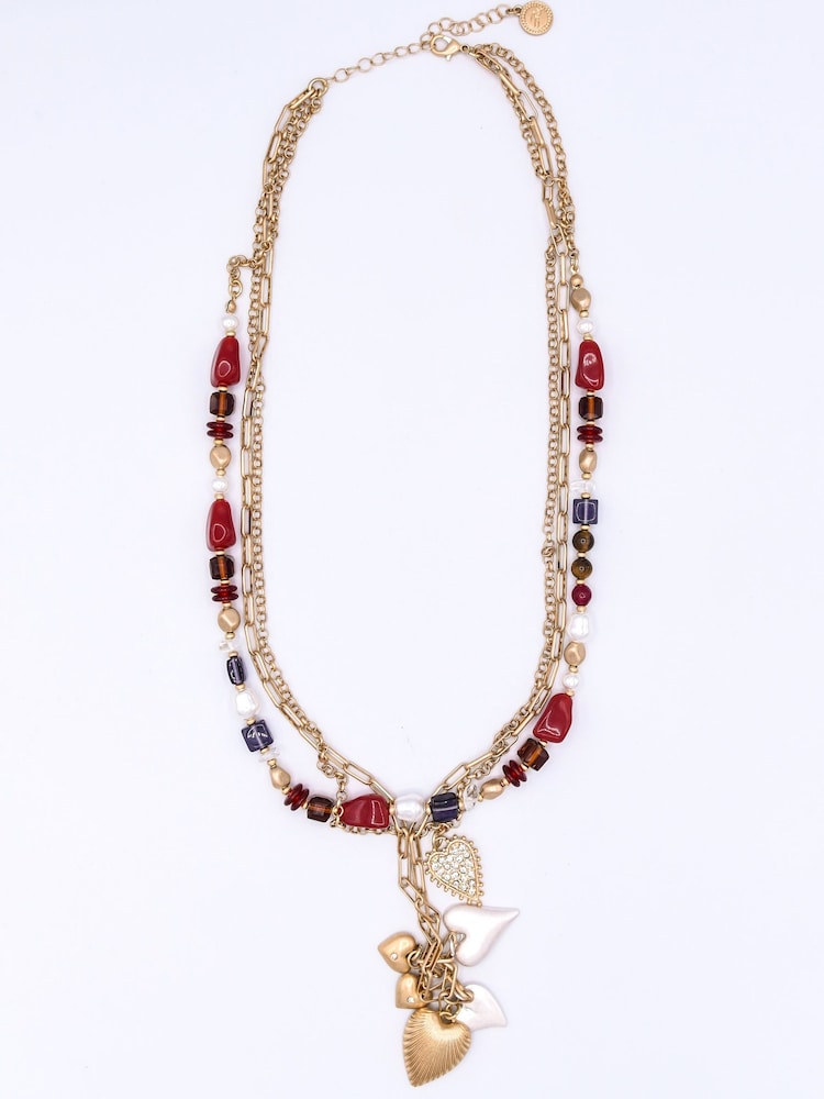 Bibi Bijoux Gold Tone Three Row Heart Tassel Necklace - Image 1 of 2 Bibi Bijoux Gold Tone Three Row Heart Tassel Necklace - Image 1 of 2