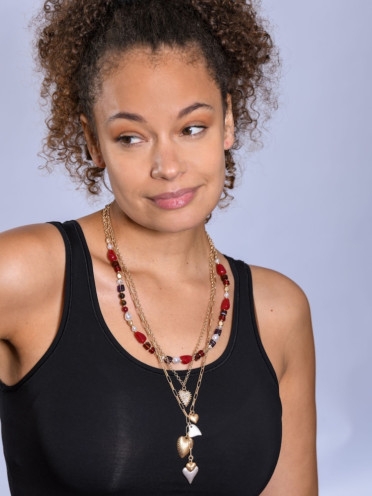 Bibi Bijoux Gold Tone Three Row Heart Tassel Necklace - Image 2 of 2 Bibi Bijoux Gold Tone Three Row Heart Tassel Necklace - Image 2 of 2