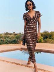 Friends Like These Chocolate Brown Polka Dot Metallic Short Sleeve Midi Dress - Image 1 of 5