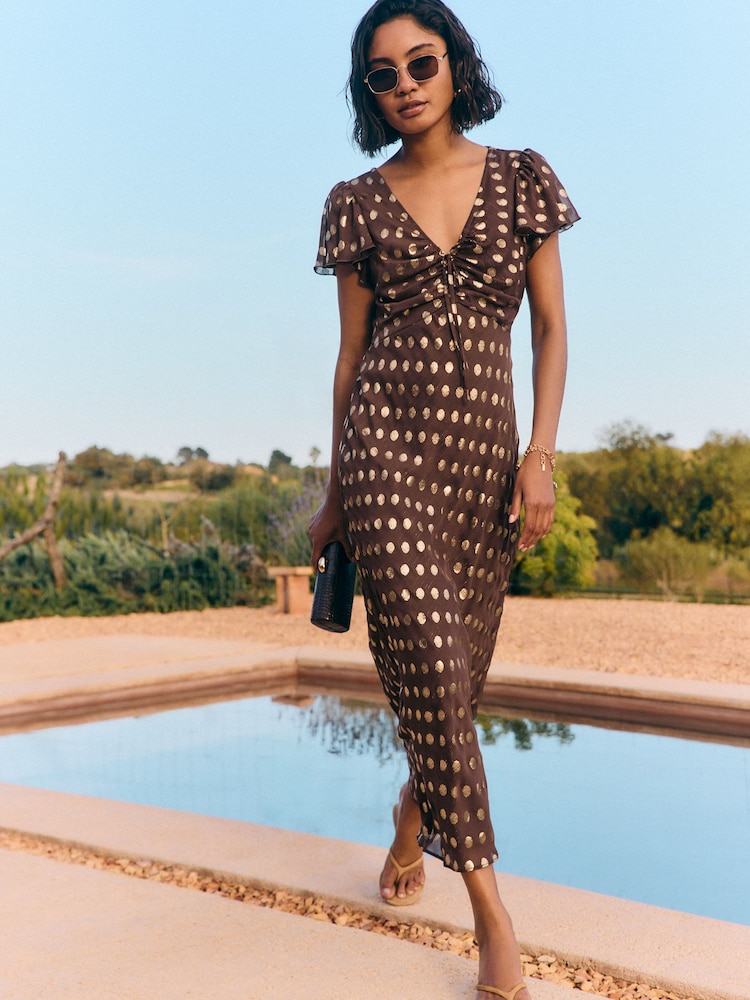 Friends Like These Chocolate Brown Polka Dot Metallic Short Sleeve Midi Dress - Image 1 of 5 Friends Like These Chocolate Brown Polka Dot Metallic Short Sleeve Midi Dress - Image 1 of 5