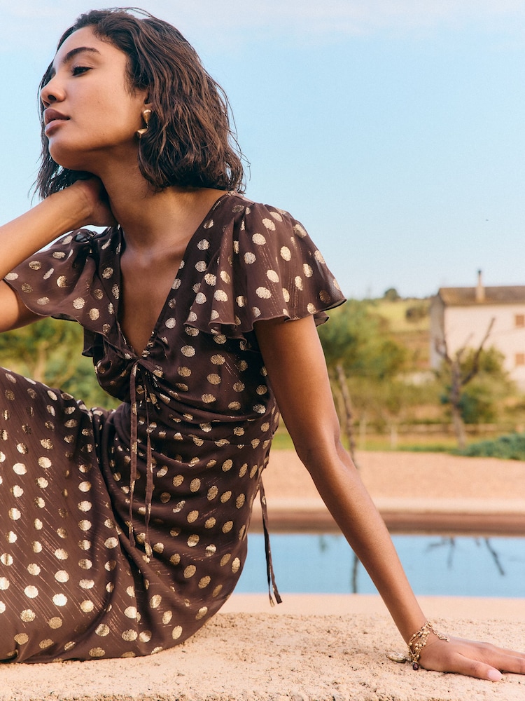 Friends Like These Chocolate Brown Polka Dot Metallic Short Sleeve Midi Dress - Image 2 of 5 Friends Like These Chocolate Brown Polka Dot Metallic Short Sleeve Midi Dress - Image 2 of 5