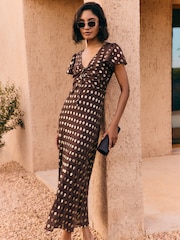 Friends Like These Chocolate Brown Polka Dot Metallic Short Sleeve Midi Dress - Image 3 of 5