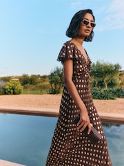 Friends Like These Chocolate Brown Polka Dot Metallic Short Sleeve Midi Dress - Image 5 of 5