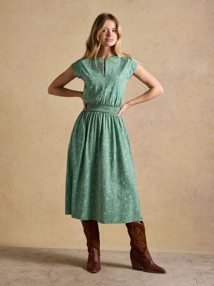 Joules Lilia Green Jersey Smocked Waist Midi Dress - Image 1 of 8