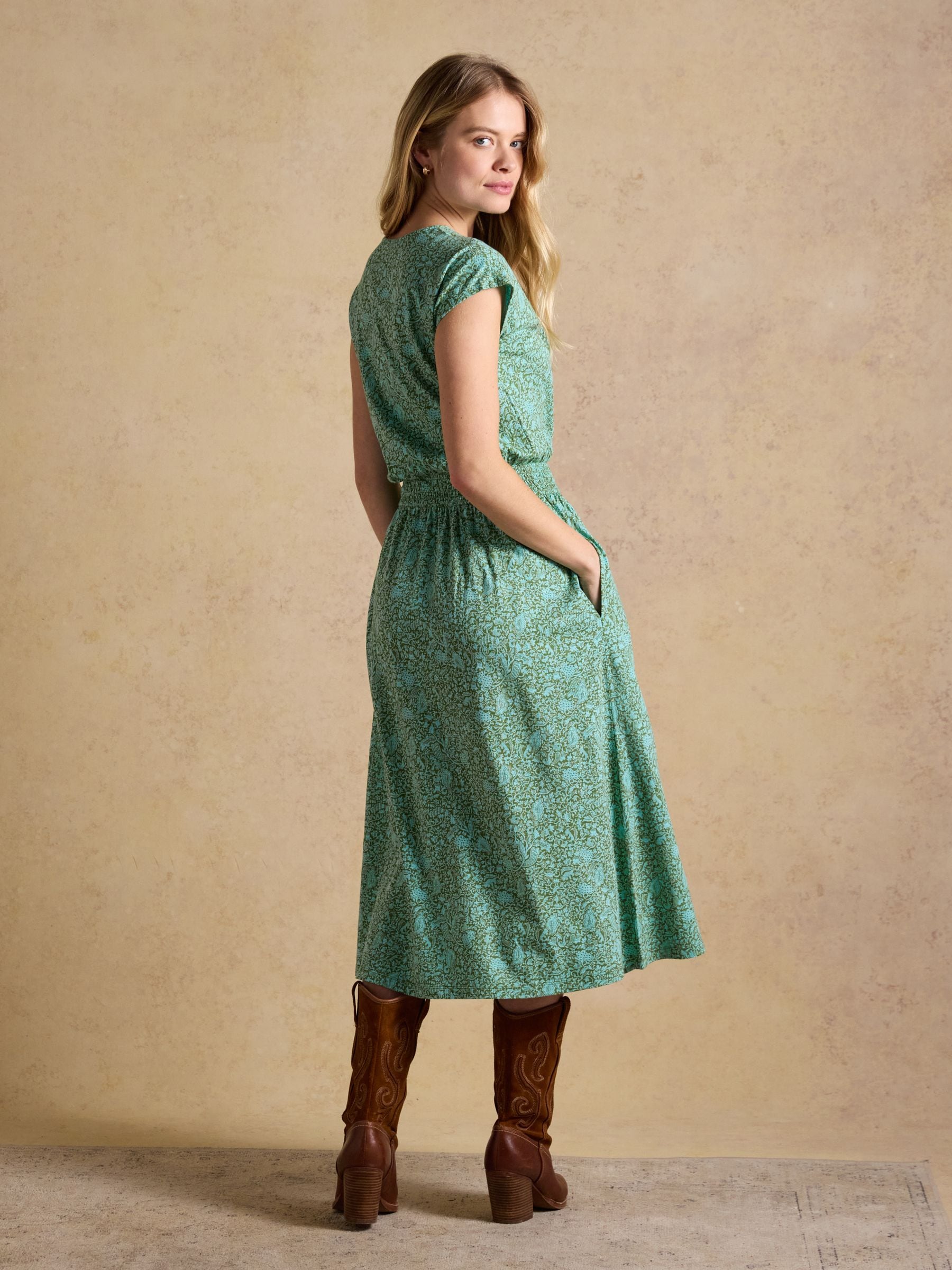 Buy Joules Lilia Green Jersey Smocked Waist Midi Dress from Next USA