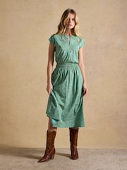 Joules Lilia Green Jersey Smocked Waist Midi Dress - Image 5 of 8