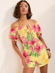 Friends Like These Yellow Tropical Bardot Shirred Waist Playsuit - Image 1 of 5