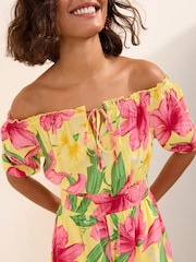 Friends Like These Yellow Tropical Bardot Shirred Waist Playsuit - Image 2 of 5
