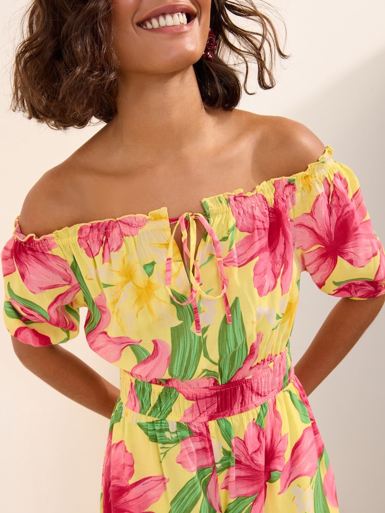 Friends Like These Yellow Tropical Bardot Shirred Waist Playsuit - Image 2 of 5