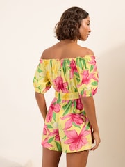 Friends Like These Yellow Tropical Bardot Shirred Waist Playsuit - Image 5 of 5