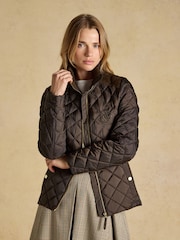 Joules Braemar Luxe Chocolate Brown Showerproof Diamond Quilted Coat - Image 1 of 11