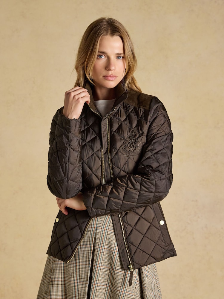 Joules Braemar Luxe Chocolate Brown Showerproof Diamond Quilted Coat - Image 1 of 11 Joules Braemar Luxe Chocolate Brown Showerproof Diamond Quilted Coat - Image 1 of 11