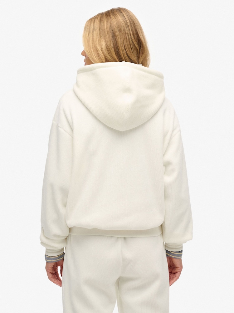 Superdry White Country Club Velour Relaxed Hoodie - Image 2 of 7 Superdry White Country Club Velour Relaxed Hoodie - Image 2 of 7