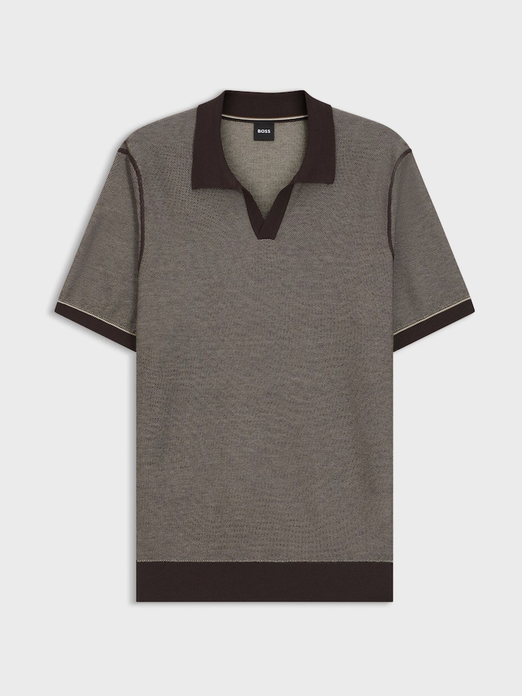بني - BOSS Narciso Regular Fit Trophy Neck Knitted Polo Shirt - Image 1 of 1