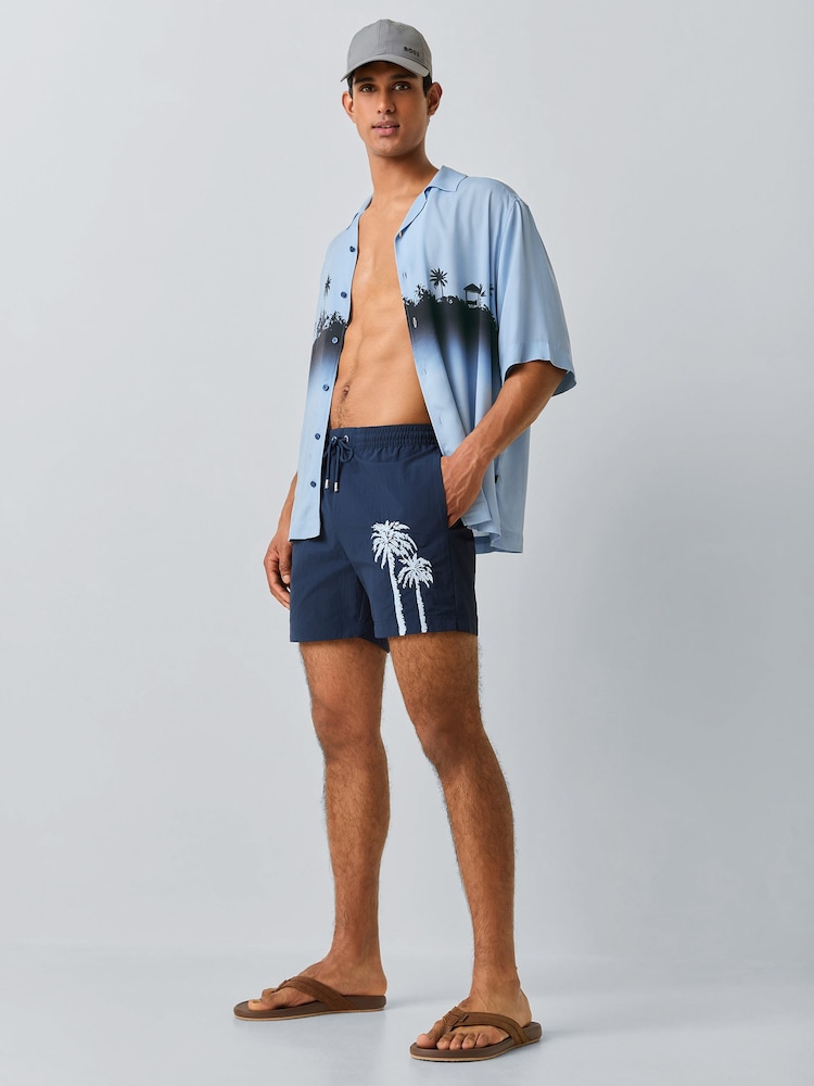 BOSS Blue Palm Logo Swim Shorts - Image 2 of 6