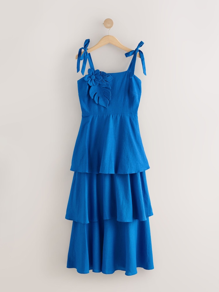 Синий кобальт - Платье макси с квадратным вырезом и льняной отделкой - Изображение 1 3