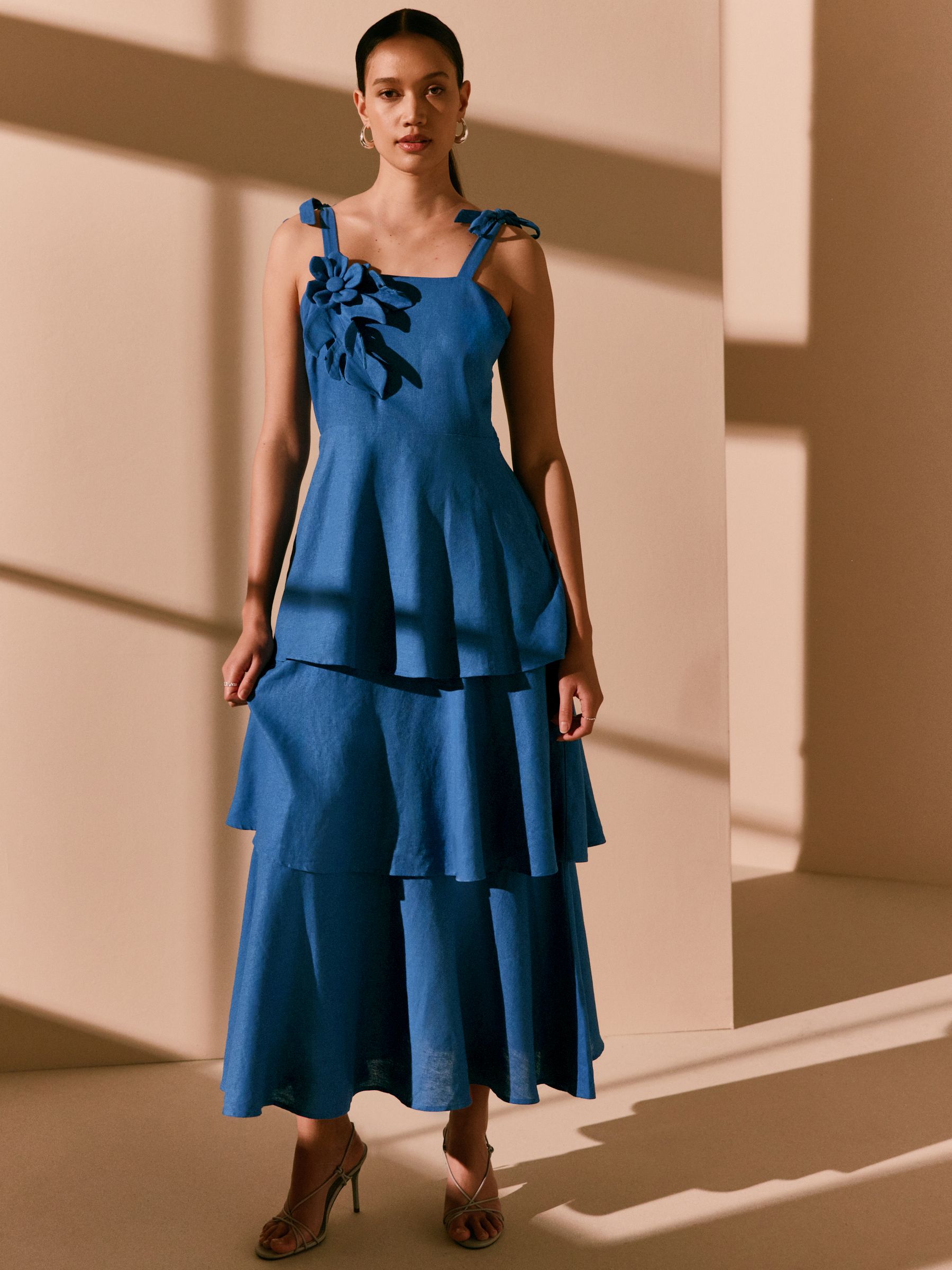 Buy Cobalt Blue Linen Rich Square Neck Corsage Maxi Occasion Dress