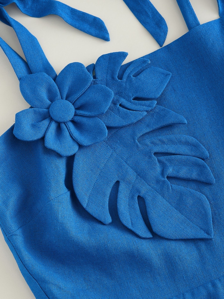 Синий кобальт - Платье макси с квадратным вырезом и льняной отделкой - Изображение 2 3