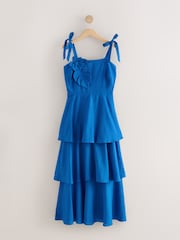 Cobalt Blue Linen Rich Square Neck Corsage Maxi Occasion Dress - Image 5 of 7