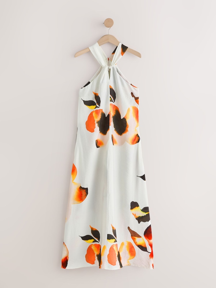 new look orange floral dress New Look Women's Orange Cotton Floral Pattern Strappy Ruffle Midi Dress