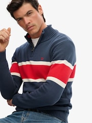 Superdry Blue Cotton Stripe Half Zip Knit Jumper - Image 2 of 6
