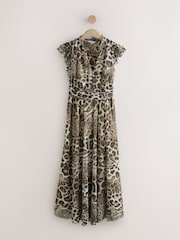 Mchapishaji wa Wanyama wa Brown - Pleated Mesh Print V-Neck Tukio Maxi Dress - Picha 1 kati ya 3