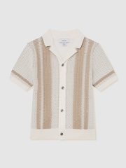 Reiss Off White/Light Camel Victor Cotton Textured-Knit Striped Shirt - Image 1 of 3