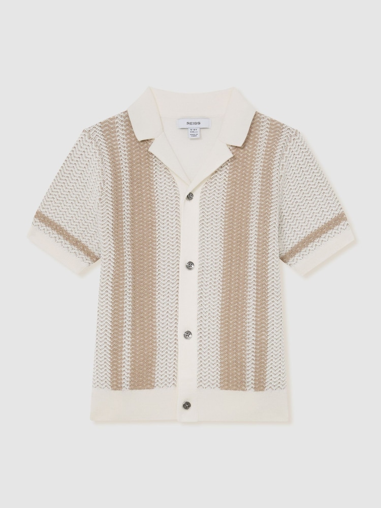 Reiss Off White/Light Camel Victor Cotton Textured-Knit Striped Shirt - Image 1 of 3 Reiss Off White/Light Camel Victor Cotton Textured-Knit Striped Shirt - Image 1 of 3